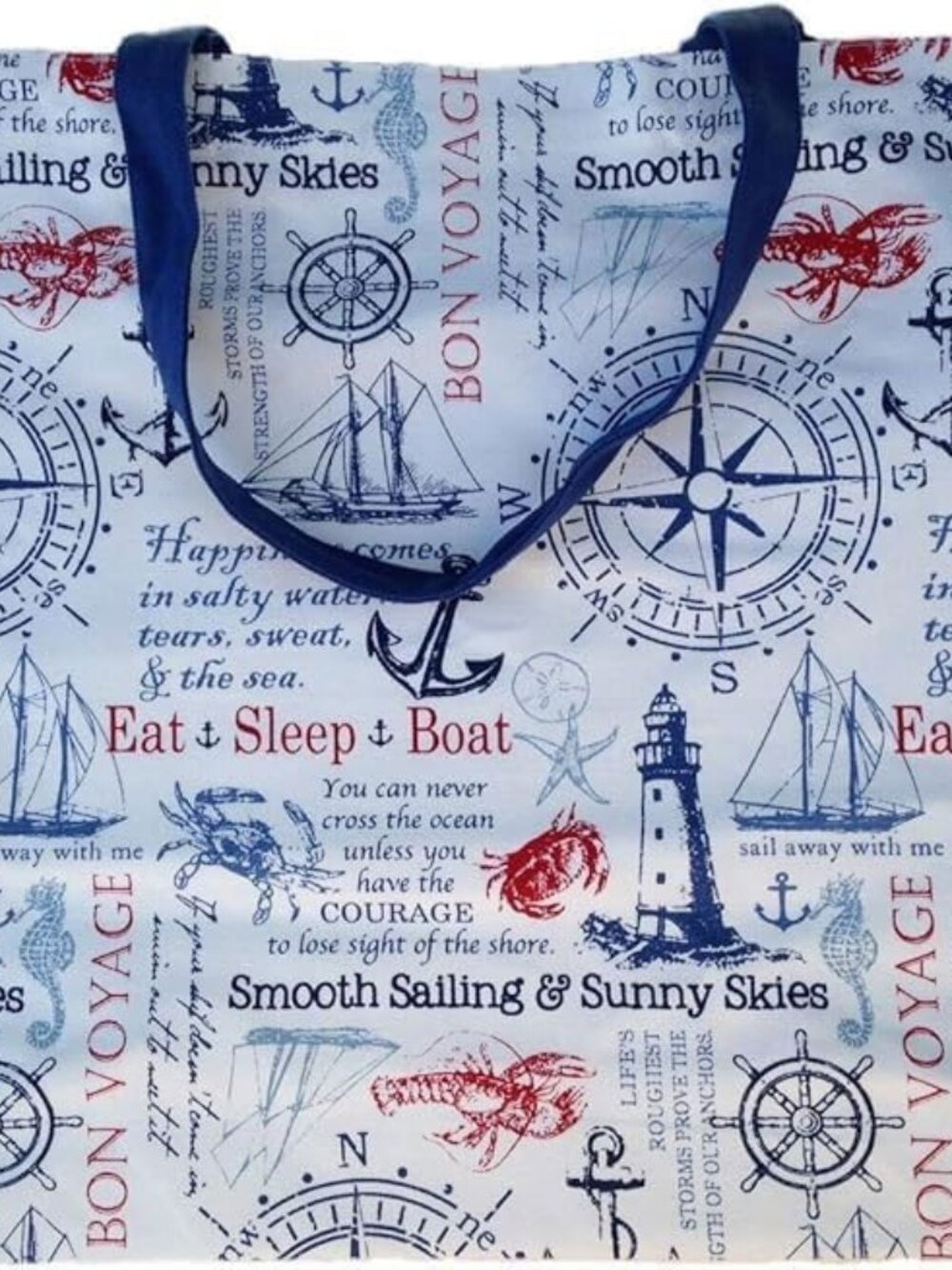 Nautical Tote Bag, Blue and White, Compass and Anchor Design, Canvas Material